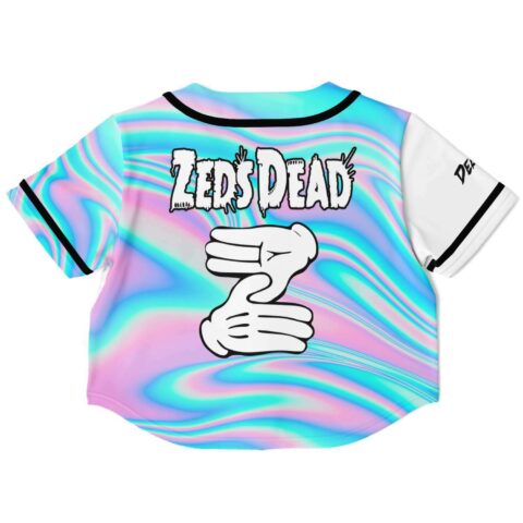 Back view of the white colorful swirl rave crop top with a bold text graphic