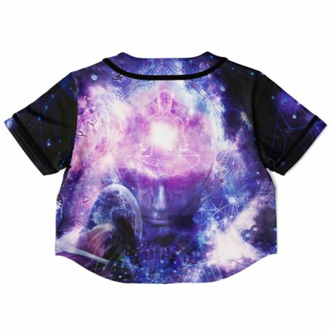 Cosmic purple rave cropped baseball jersey with meditative figure, back view