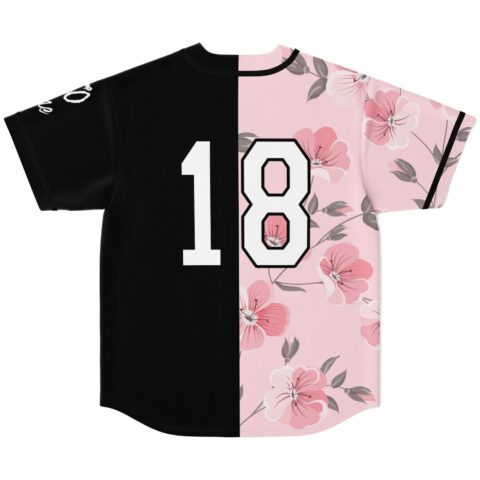 Back view of The Weeknd fan rave baseball jersey, black and pink floral panels with the custom number
