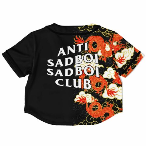 Black dragon rave crop top back view with bold text design