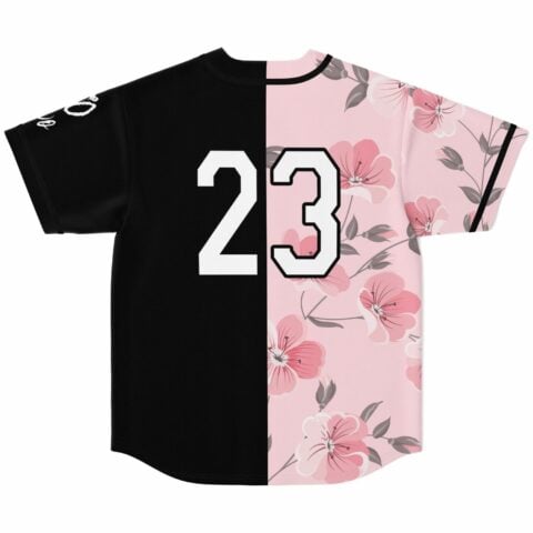 Flat lay back view of The Weeknd XO fan rave baseball jersey, split black and cherry blossom with the custom number
