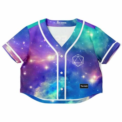 Galaxy rave crop top with vibrant cosmic pattern and geometric design, front view