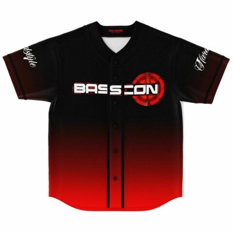 Black and red gradient bass rave baseball jersey with bass-inspired text, front