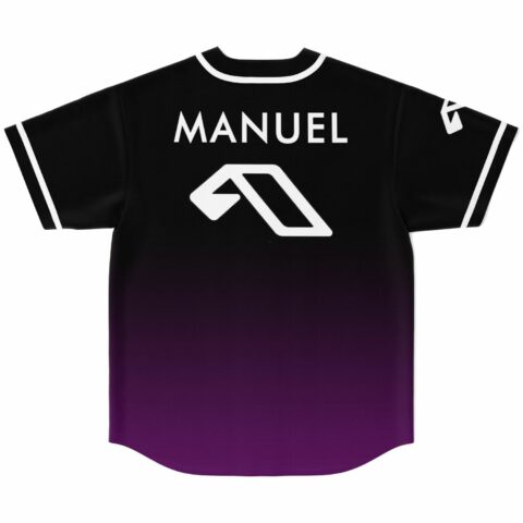 Back view of the Above & Beyond fan rave baseball jersey with a custom name and the arrow emblem on the purple fade