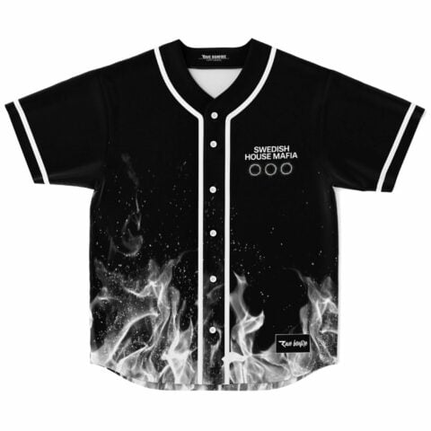 Black baseball jersey with white flame print and three ring logo text reading Swedish House