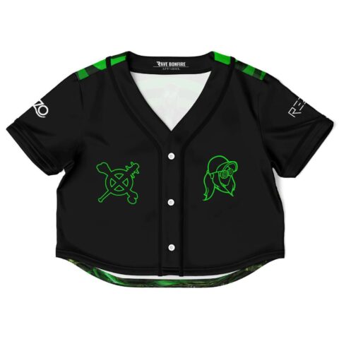 Black and green rave crop top with green accents and graphic designs, front view