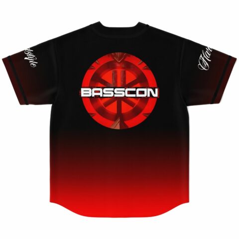 Black bass rave baseball jersey back with red bass-themed logo
