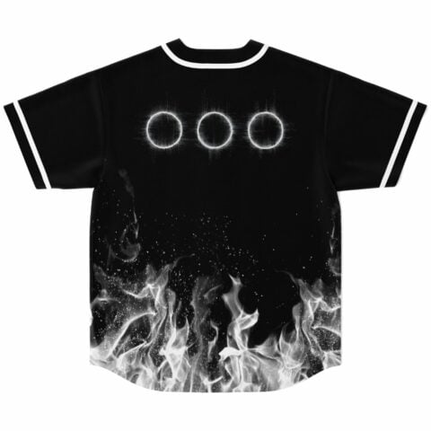 Black rave baseball jersey back view showing three glowing ring emblems above white ghostly flames