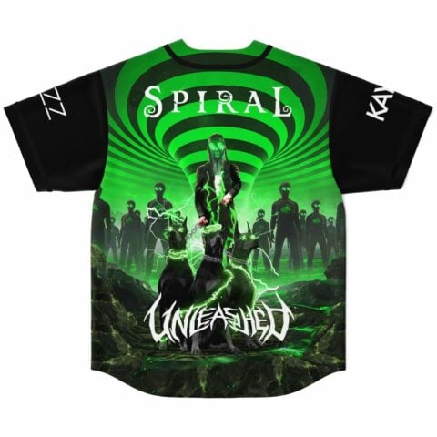 Back view of green spiral vortex print jersey with chained dogs and Unleashed text