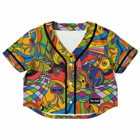 Colorful trippy rave crop top with vibrant psychedelic patterns, front view