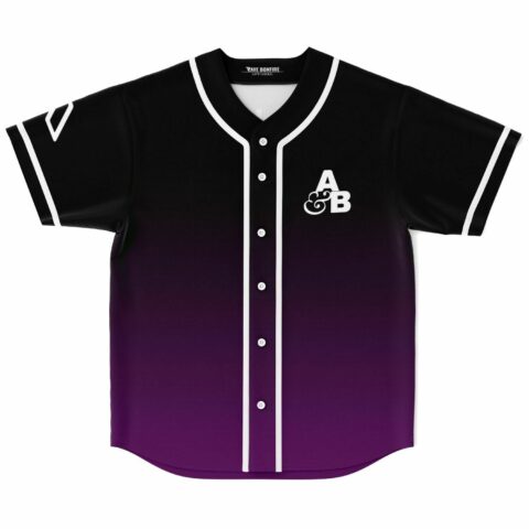Above & Beyond fan rave baseball jersey, front view, black to purple ombre with the A&B chest logo