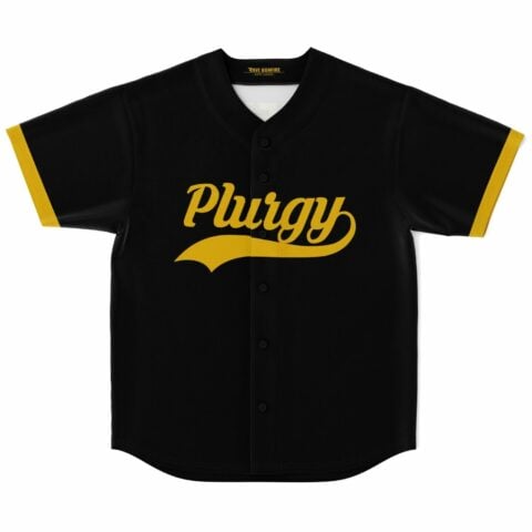 Black rave baseball jersey with yellow Plurgy script text on front