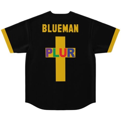 Black rave jersey back view with yellow cross and colorful PLUR text under Blueman name