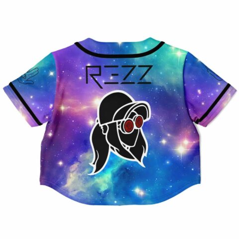 Back of the Rezz fan rave crop top with a spiral-eyed cartoon face over the galaxy nebula pattern