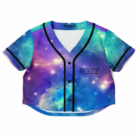 Front view of the galaxy nebula Rezz fan rave crop top with REZZ chest text