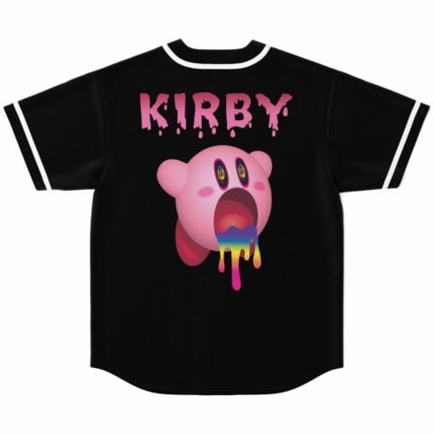 Black jersey back view showing swirly-eyed character dripping rainbow with Kirby text above