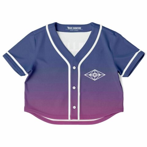 Purple gradient rave crop top with front buttons and a logo design