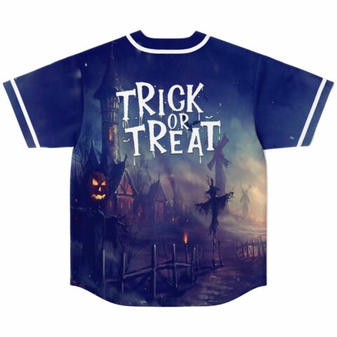Trick Or Treat back print on navy rave baseball jersey with spooky castle and scarecrow scene, back view