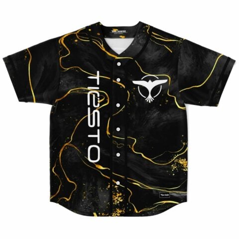 Black gold marble rave baseball jersey front view with festival-themed bird logo and text