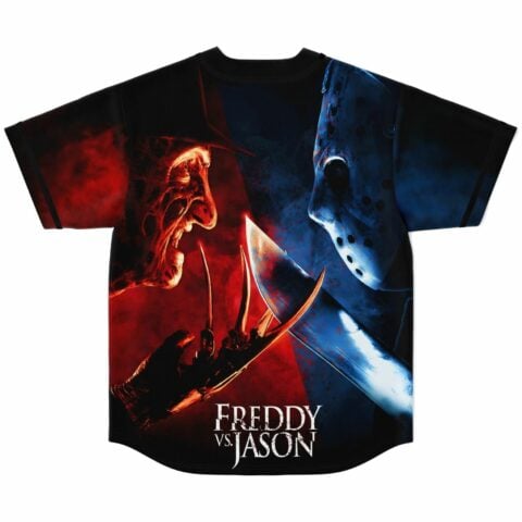 Black blood splatter horror rave baseball jersey with horror graphic, back view