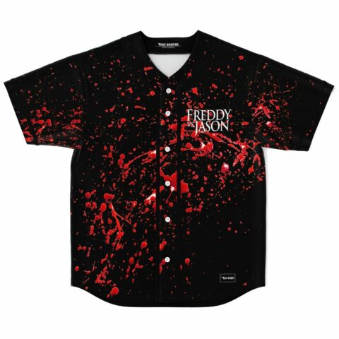 Black blood splatter horror rave baseball jersey with Freddy vs Jason chest lettering, front view