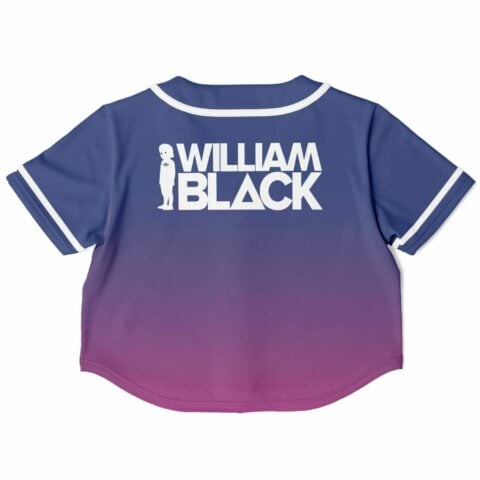 Back view of the purple and pink gradient rave crop top with white text