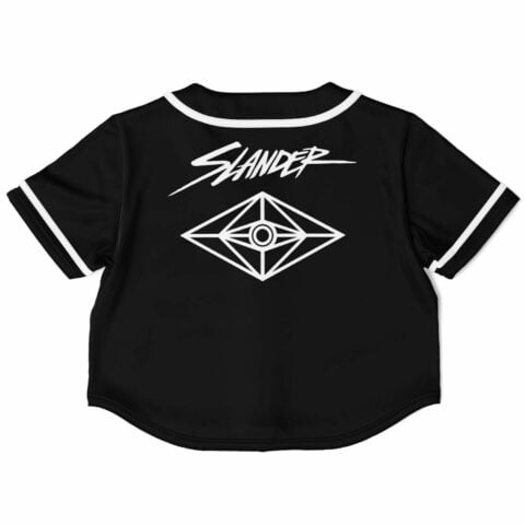 Back of the black Slander fan rave crop top with SLANDER text and the diamond eye emblem