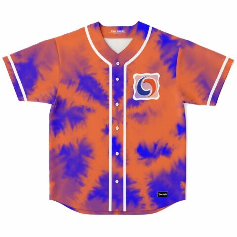 Orange and blue tie-dye rave baseball jersey with swirl chest patch, front flat lay