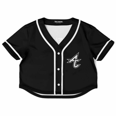 Black Adventure Club fan rave crop top with white trim and a logo on the front