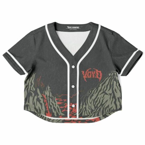 Dark gray reaper mountain rave crop top, front view with red and green mountain design