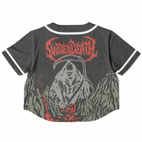 Reaper mountain rave crop top, back view with red reaper graphic