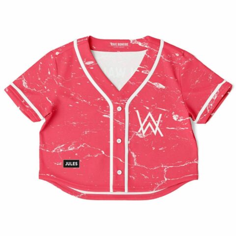 Alan Walker fan rave cropped baseball jersey in red marble with white accents and a logo