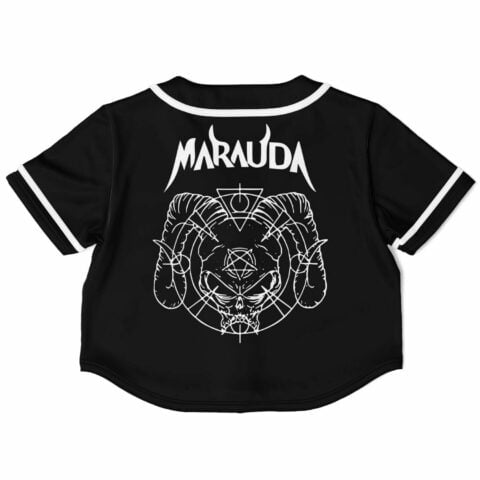 Back view of the black Marauda fan rave crop top with a bold graphic design and trim