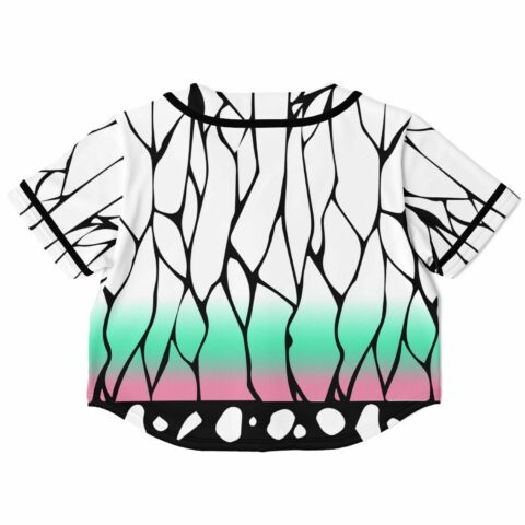 Back view of the rave cropped baseball jersey with abstract black lines and gradient