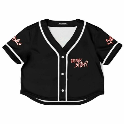 Black rave cropped baseball jersey with white trim and bold text