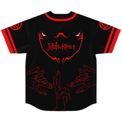 Back view showing demonic eyes and jujutsu kaisen text with cursed hand signs