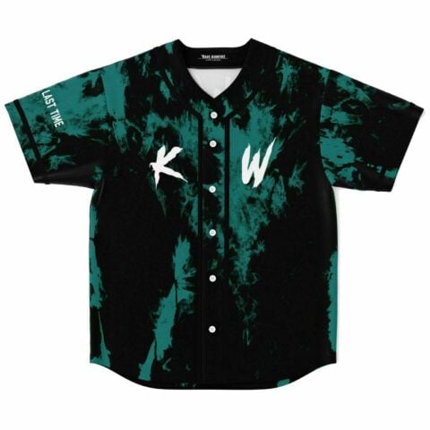 Teal and black tie-dye rave baseball jersey with KW logo front view