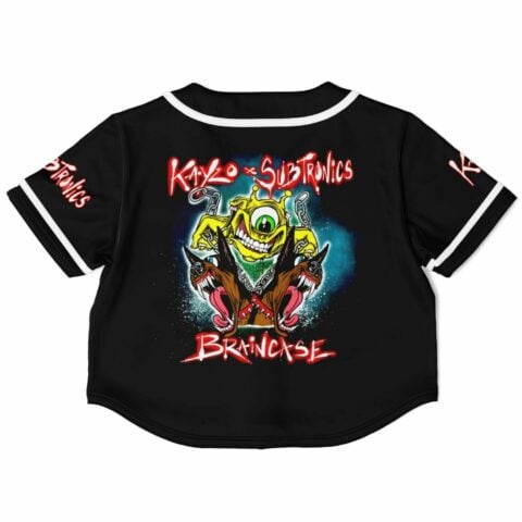 Back view of the rave cropped baseball jersey with a cartoon-style monster graphic