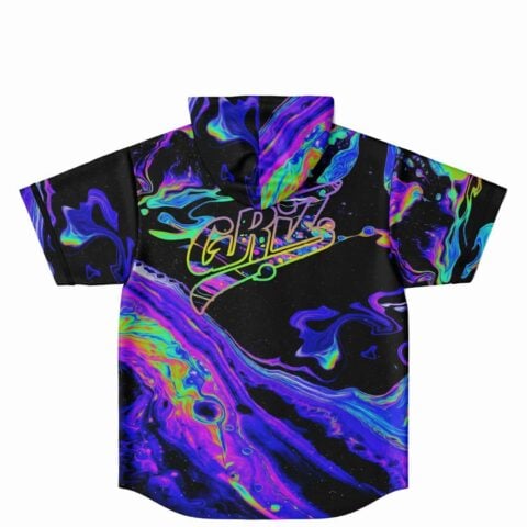Back view of psychedelic oil slick hoodie jersey showing text lettering across shoulders