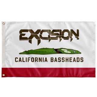 White festival flag with cartoon alligator graphic and bold text reading California Bassheads