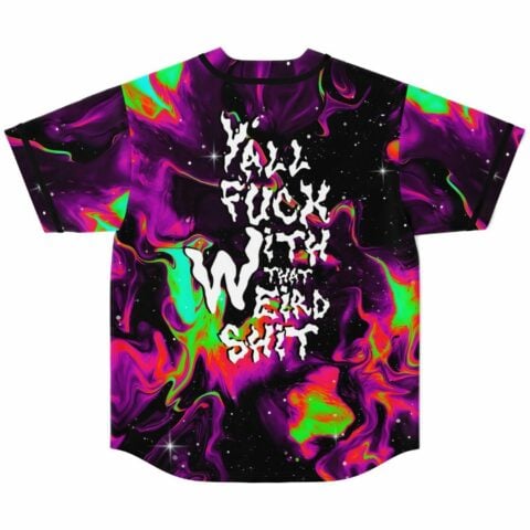 Back view of neon acid trip marbled baseball jersey with bold text reading yall fuck