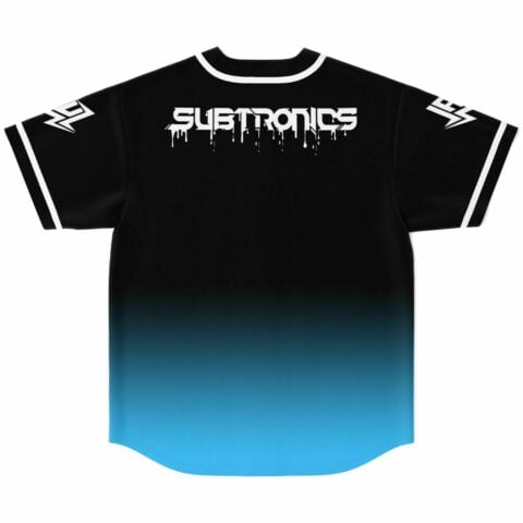Black to blue ombre baseball jersey with dripping Subtronics text print across the back