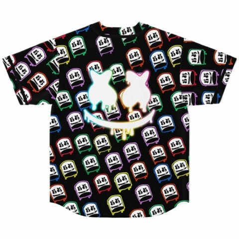 Back view of black jersey showing large white melting smiley face over colorful drip pattern
