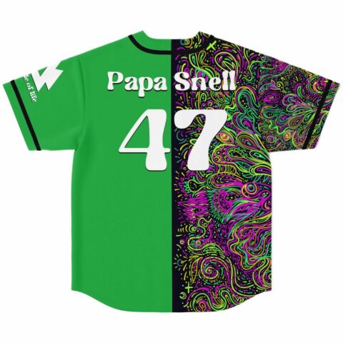Green psychedelic rave baseball jersey with large custom numbers and colorful abstract design, back view