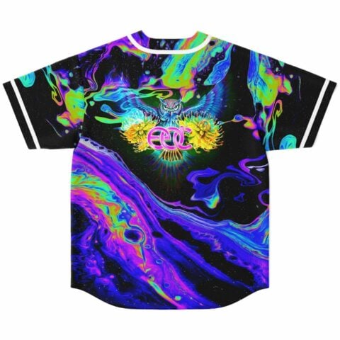 Back view of oil slick rave jersey showing owl graphic and pink EDC logo among