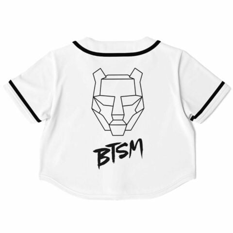 Back view of the white rave cropped baseball jersey with the bear design and text