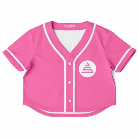 Pink rave cropped baseball jersey with white detailing and a logo