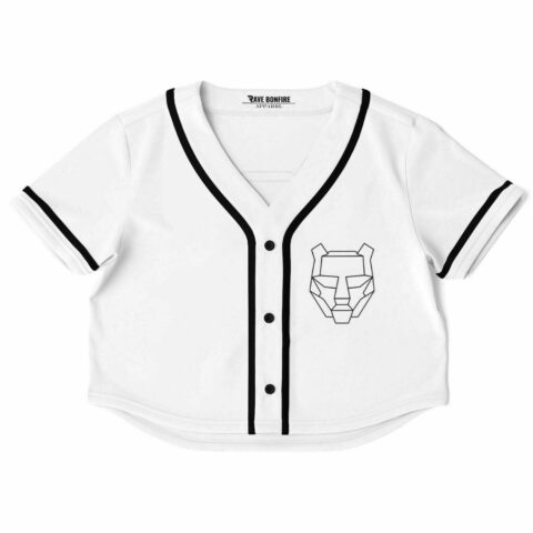 White rave cropped baseball jersey with black trim and a geometric bear design