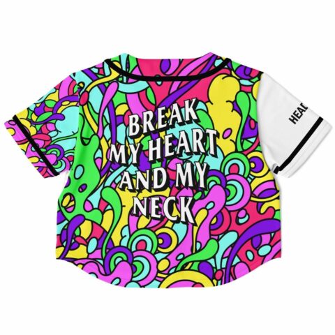 Back view of the Zeds Dead fan rave crop top with a vibrant abstract design and text