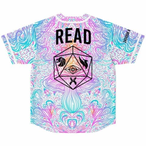 Back view of pastel swirl jersey with READ text and geometric die graphic
